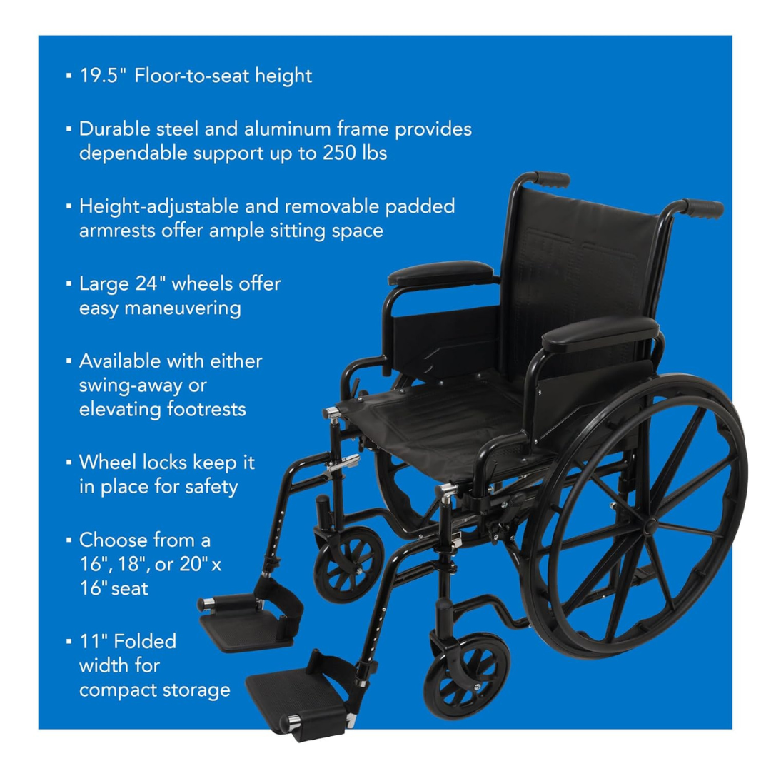 The ProBasics K1 Lightweight Portable Wheelchair in black features padded armrests, large rear wheels, swing-away footrests, and comes with foldability, durability, multiple size options, and a 250-lb weight capacity.