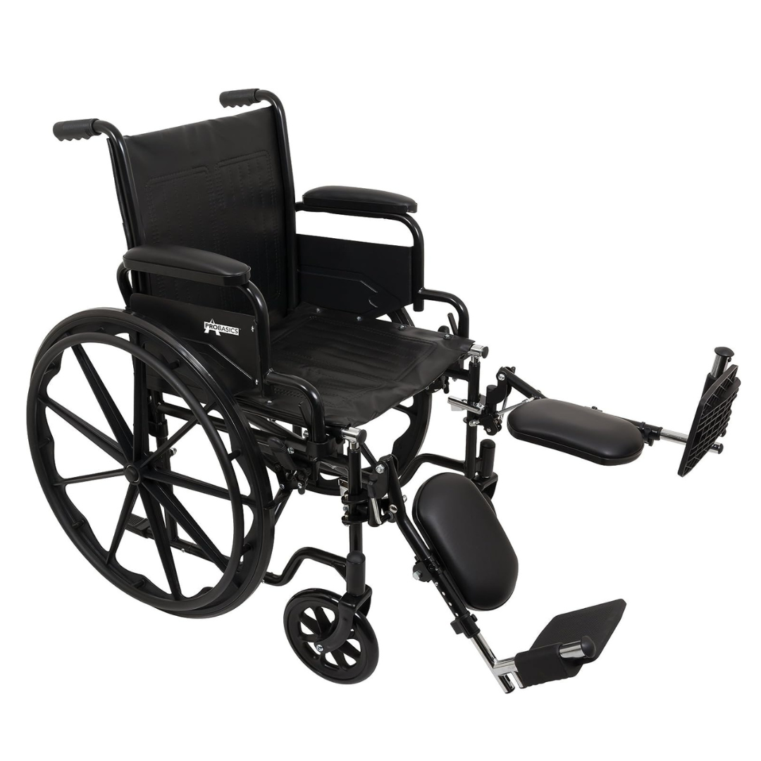 The ProBasics K1 Lightweight Portable Wheelchair features large rear wheels, smaller front wheels, armrests, elevated padded leg rests with footplates, and a durable black fabric or vinyl seat and backrest.
