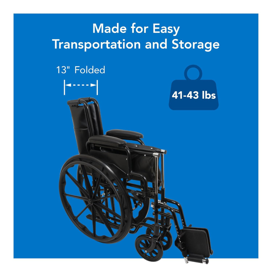 A black ProBasics K1 Lightweight Portable Wheelchair is folded to 13 wide on a blue background. Text reads: Made for Easy Transportation and Storage. Weight: 41-43 lbs.