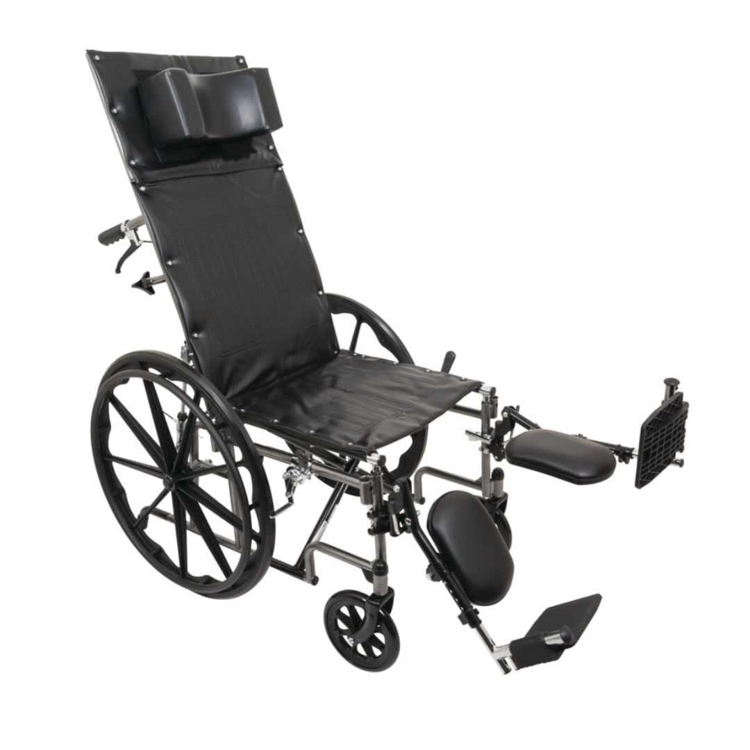 The ProBasics Reclining Wheelchair with Removable Desk Arms, in black, features a durable steel frame, elevated leg rests, padded armrests, and a cushioned headrest extension, displayed on a white background.