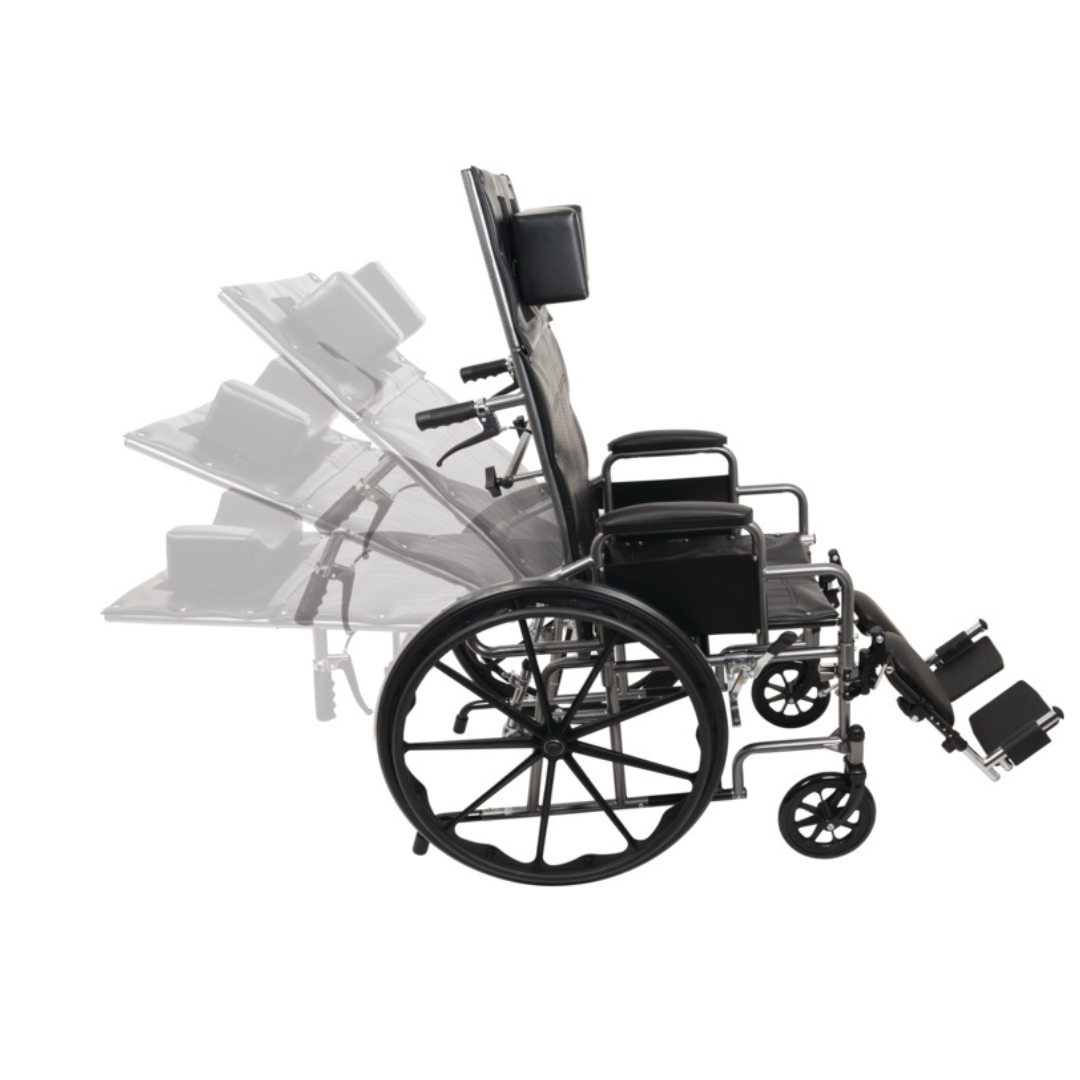 The ProBasics Reclining Wheelchair with Removable Desk Arms is shown in various reclined positions, showcasing its adjustable backrest, durable steel frame, and tilting feature for enhanced user comfort and support.