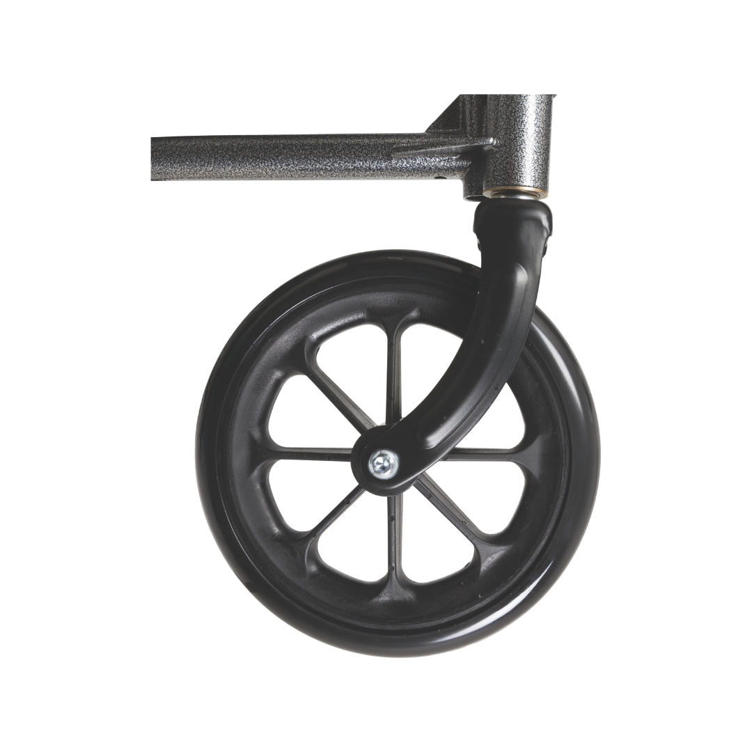 Close-up of a black plastic caster wheel attached to the durable steel frame of the ProBasics Reclining Wheelchair with Removable Desk Arms, isolated on a white background.