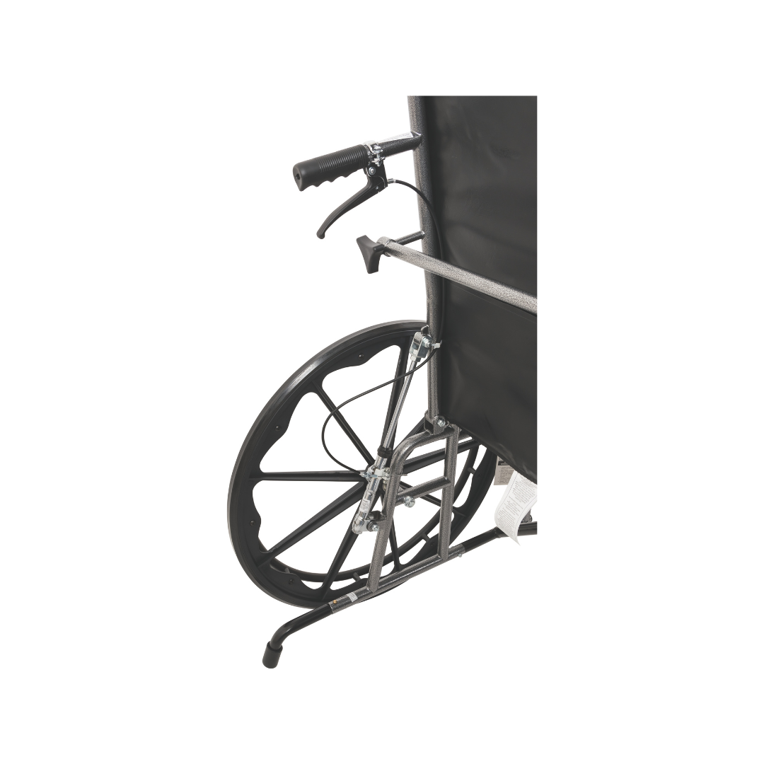 Close-up of the ProBasics Reclining Wheelchair with Removable Desk Arms, showing a large rear wheel, handle, armrest, and part of the backrest with a durable steel frame, set against a white background.
