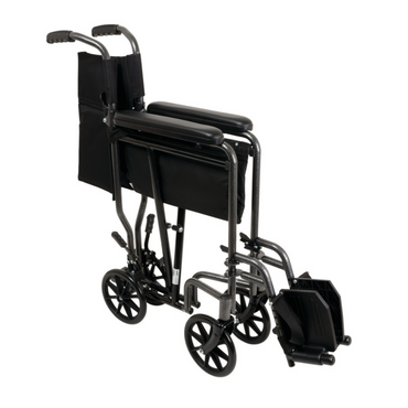 The ProBasics Steel Folding Transport Chair features black armrests, swing-away footrests, and handles. Partially folded, it showcases a compact design with sleek black upholstery for easy transport and storage.