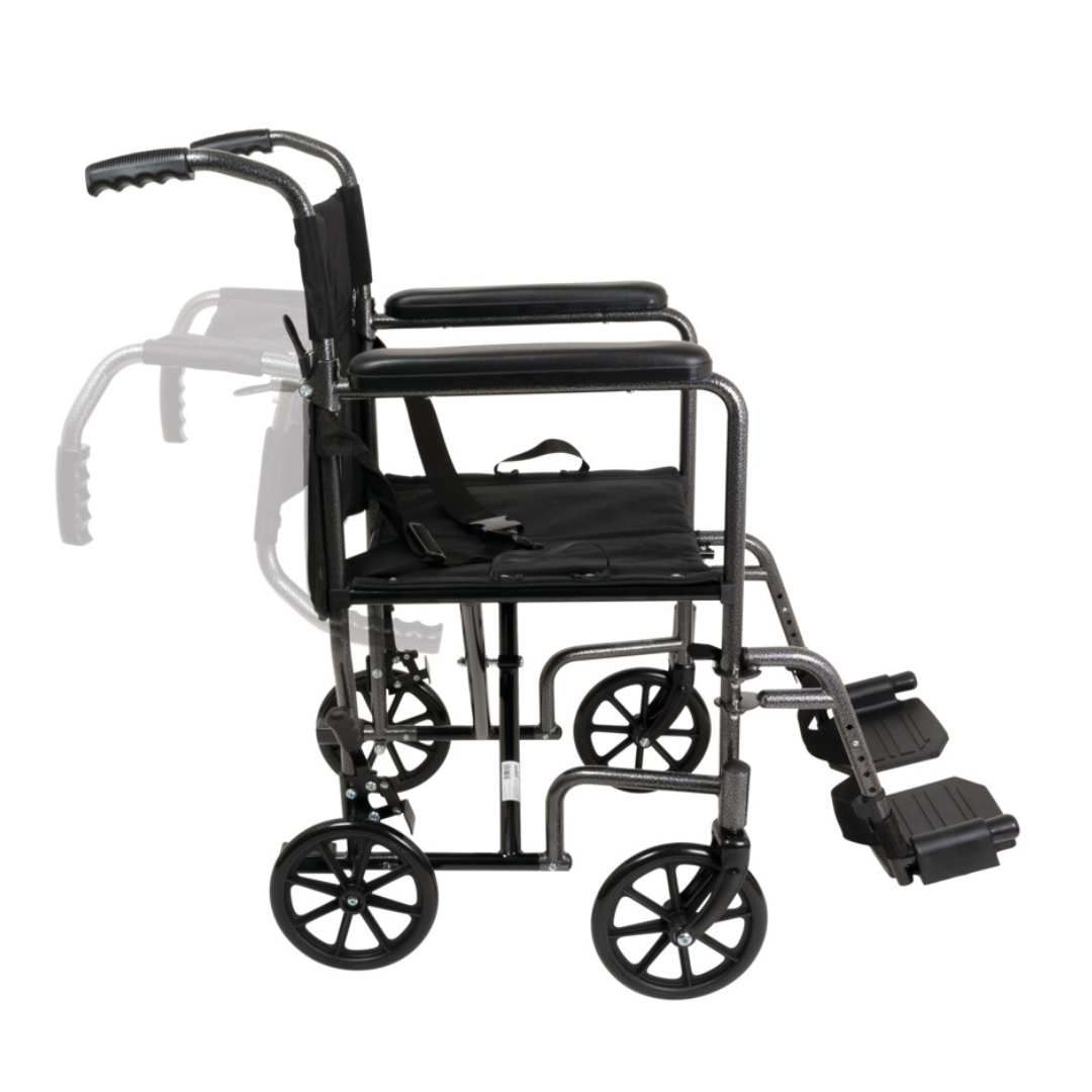 The ProBasics Steel Folding Transport Chair is shown from the side with a black frame, armrests, and swing-away footrests. Large rear wheels offer easy movement. A faded duplicate shows the chair folded into a compact shape.