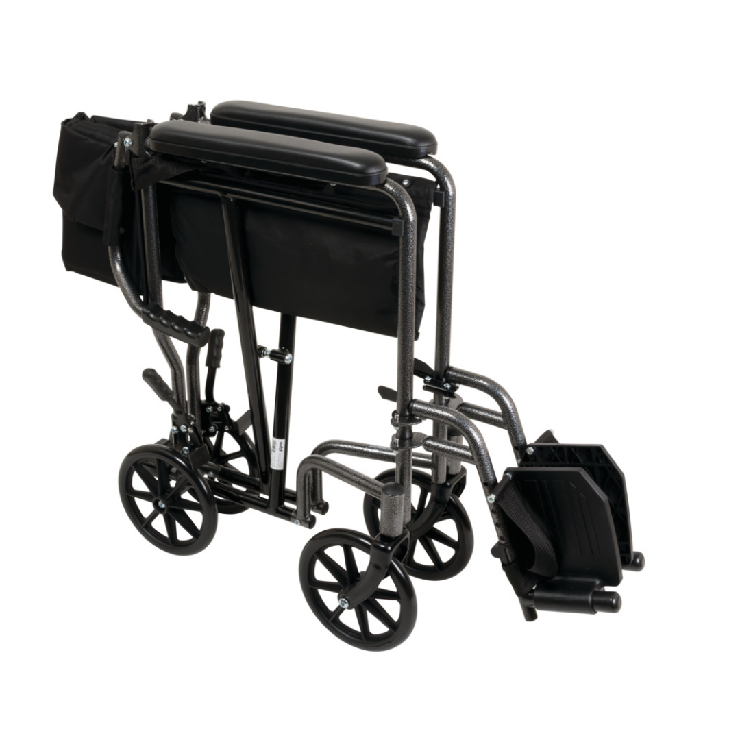 The ProBasics Steel Folding Transport Chair features a sleek black design with swing-away footrests. Its lightweight frame folds compactly, tucking in wheels and footrests for easy storage or transport.