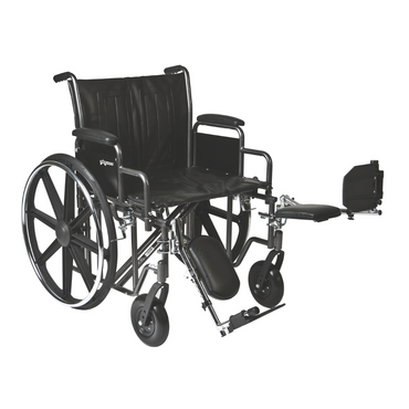 The ProBasics K7 Heavy Duty Bariatric Wheelchair, in black, features large rear wheels, small front wheels, armrests, and an elevated right leg rest, displayed against a white background.