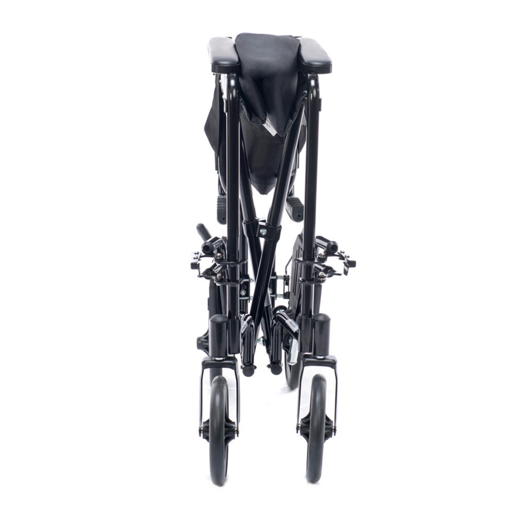 The Proactive Medical Astra Aluminum Transport Chair is a lightweight, black, foldable wheelchair with closely set wheels, shown from the front against a white background.