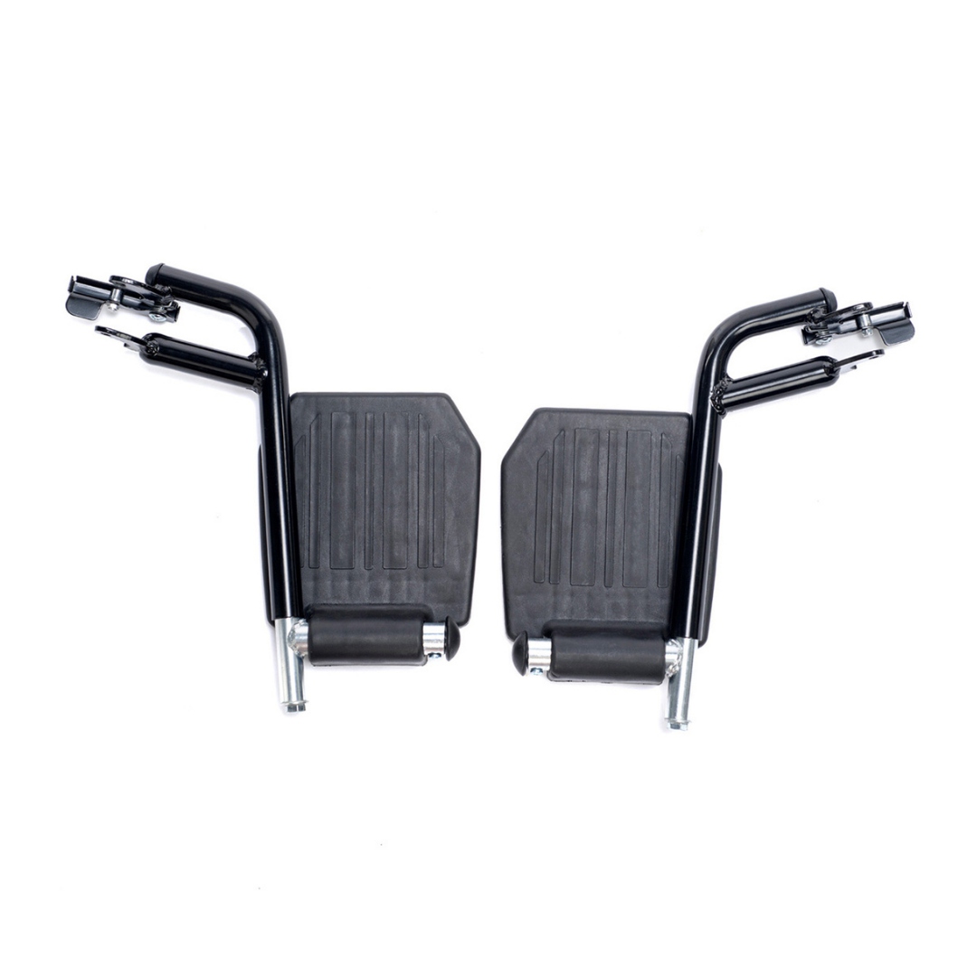 Two black footrests with textured footplates and metal bars, designed for the Proactive Medical Astra Aluminum Transport Chair, are shown side by side on a white background.