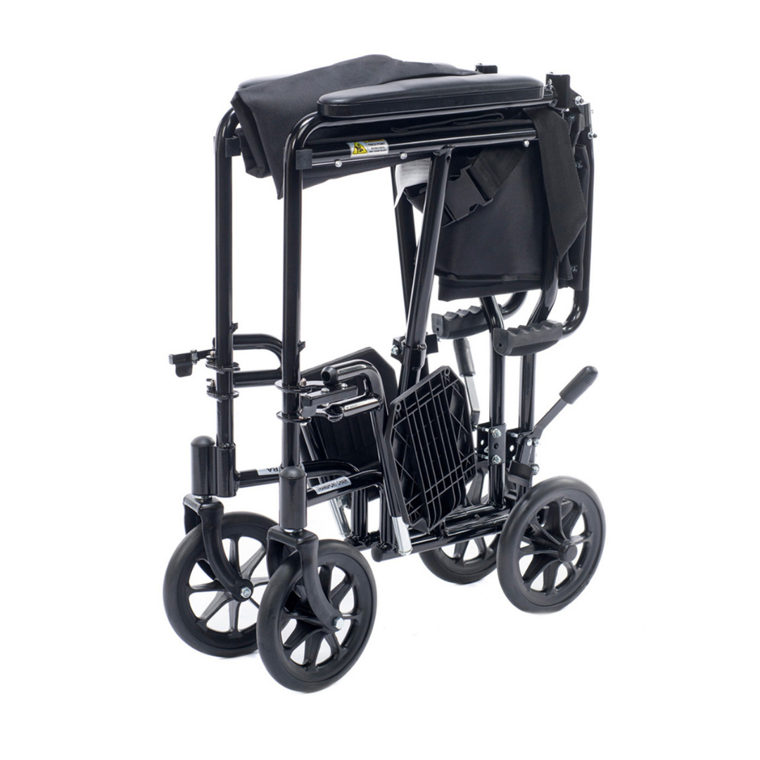 The Proactive Medical Astra Aluminum Transport Chair is shown upright and collapsed, featuring large rear wheels and smaller front wheels for a lightweight, compact design that is easy to transport or store.