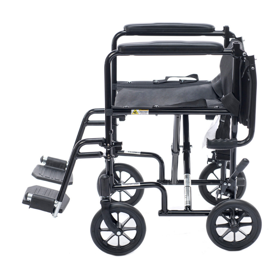 The Proactive Medical Astra Aluminum Transport Chair is a lightweight, foldable black wheelchair with footrests, armrests, and large rear wheels, shown from the side on a white background.