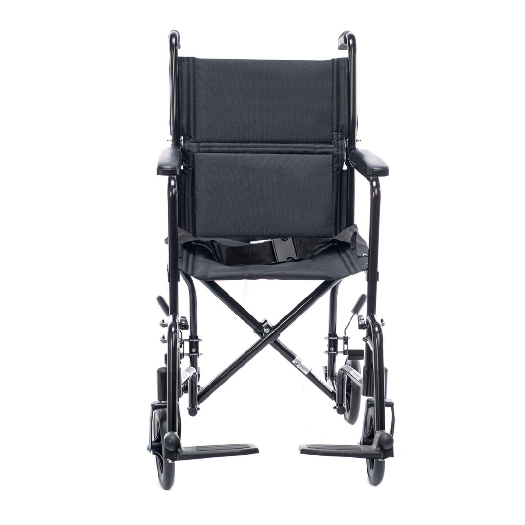The Proactive Medical Astra Aluminum Transport Chair, shown from the front in black with armrests, footrests, and large rear wheels with push handles—ideal for those needing a lightweight folding wheelchair.