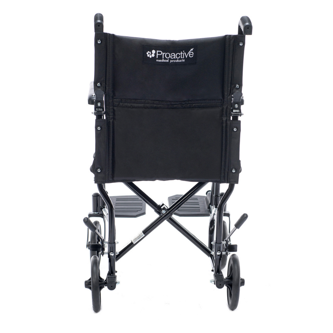 The Proactive Medical Astra Aluminum Transport Chair in black is shown from the back, featuring handles, a rear pocket, footrests, and the brand logo on the seat back.