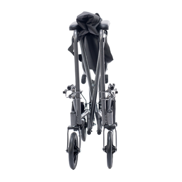 The Proactive Medical Astra Steel Transport Chair features a durable steel frame, compact folding design, two large front wheels, and a black seat—an ideal lightweight mobility solution viewed from the front.