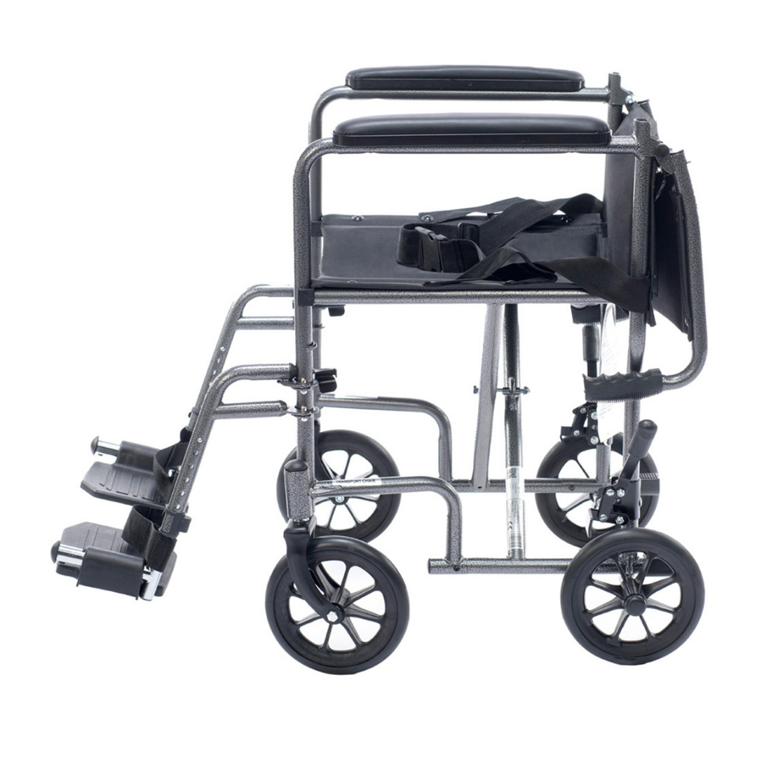 The Proactive Medical Astra Steel Transport Chair features a lightweight, foldable steel frame, black padding, footrests, and large rear wheels, shown from the side against a white background.