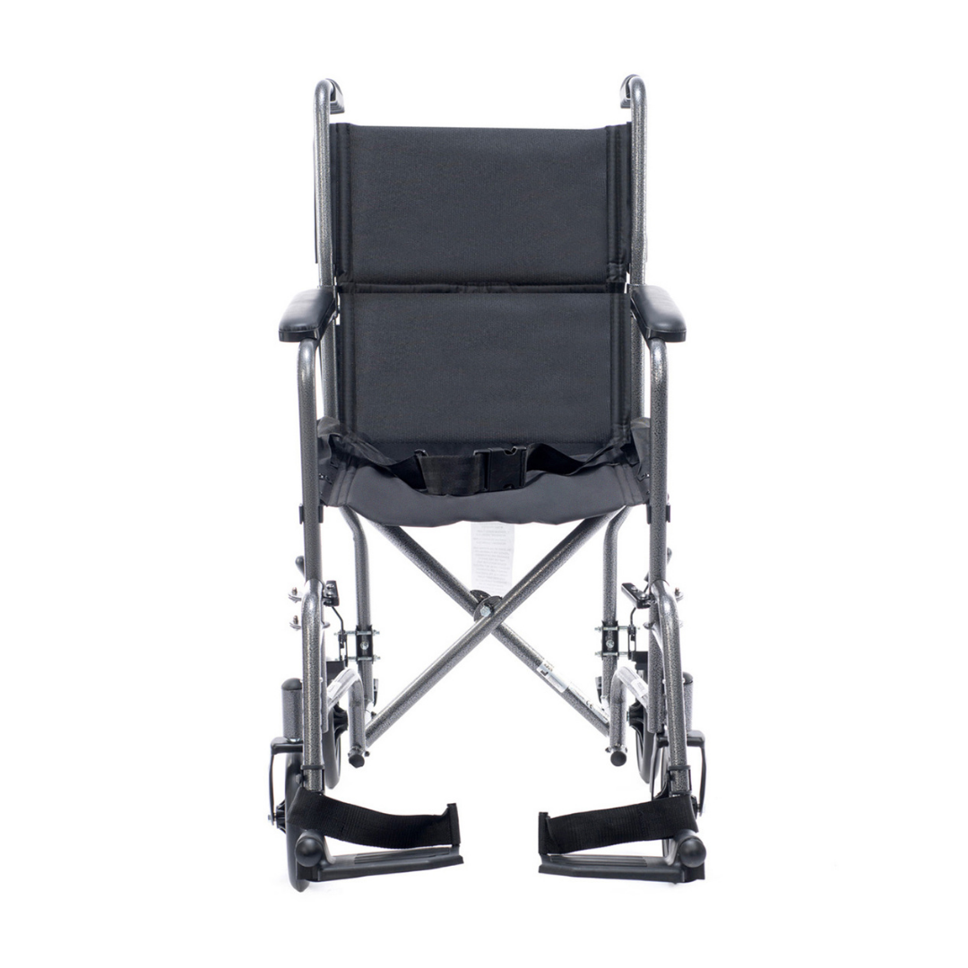The Proactive Medical Astra Steel Transport Chair, shown from the back with its seat, armrests, footrests, and sturdy black metal frame, is a practical mobility solution on a white background.