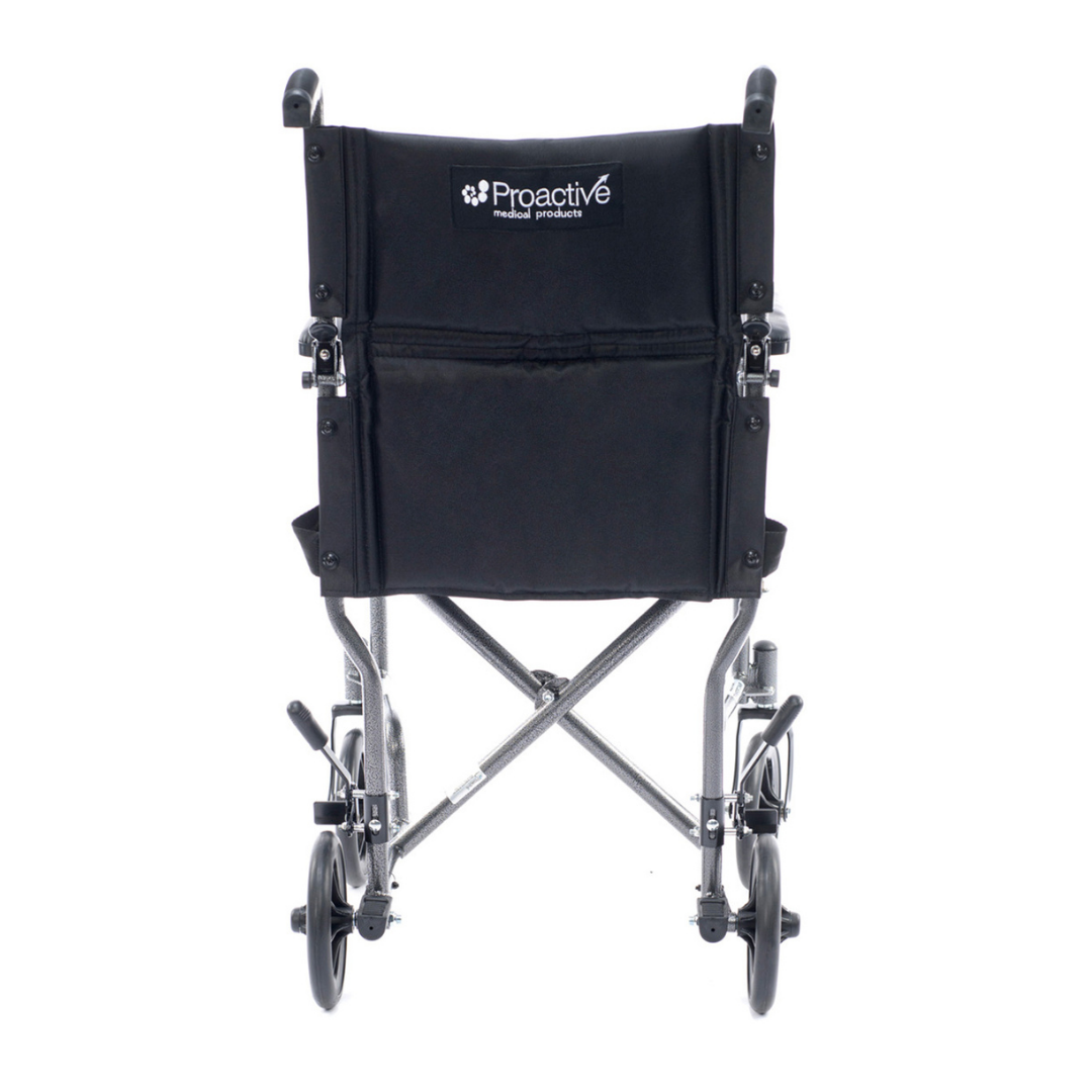 The Proactive Medical Astra Steel Transport Chair is shown from the back with black fabric upholstery, the Proactive Medical logo on the backrest, small rear wheels, and a durable metal frame for reliable mobility.