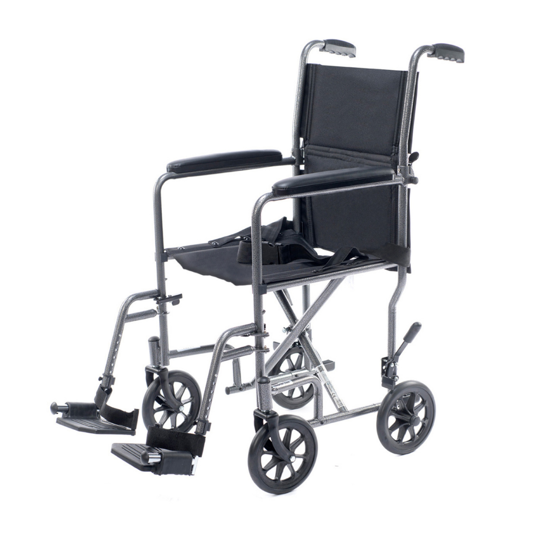 The Proactive Medical Astra Steel Transport Chair is a lightweight, foldable mobility solution with a durable steel frame, large rear and small front wheels, footrests, armrests, and a sleek black seat and backrest.