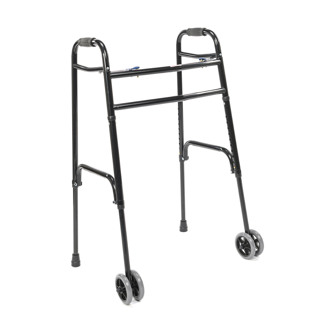 The Proactive Protekt® Bariatric Two-Button Folding Walker (case of 2) is a black metal mobility aid with two front wheels, rubber-tipped rear legs, hand grips, and an adjustable frame for enhanced comfort and support.