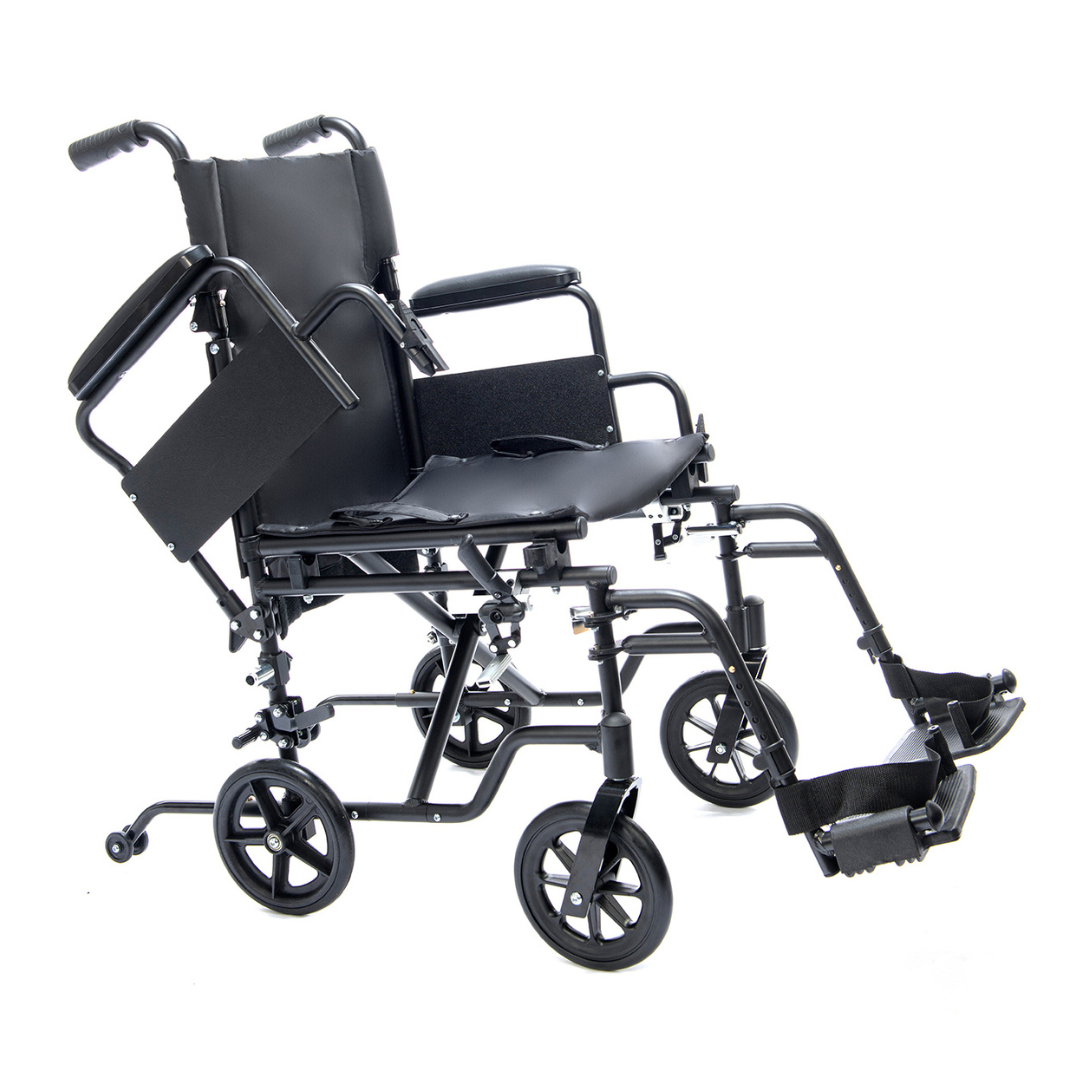 The Protekt Cambria™ Transport/Wheelchair Combo, shown on a white background, is a black lightweight wheelchair featuring foldable footrests, padded armrests, and push handles for easy portability.