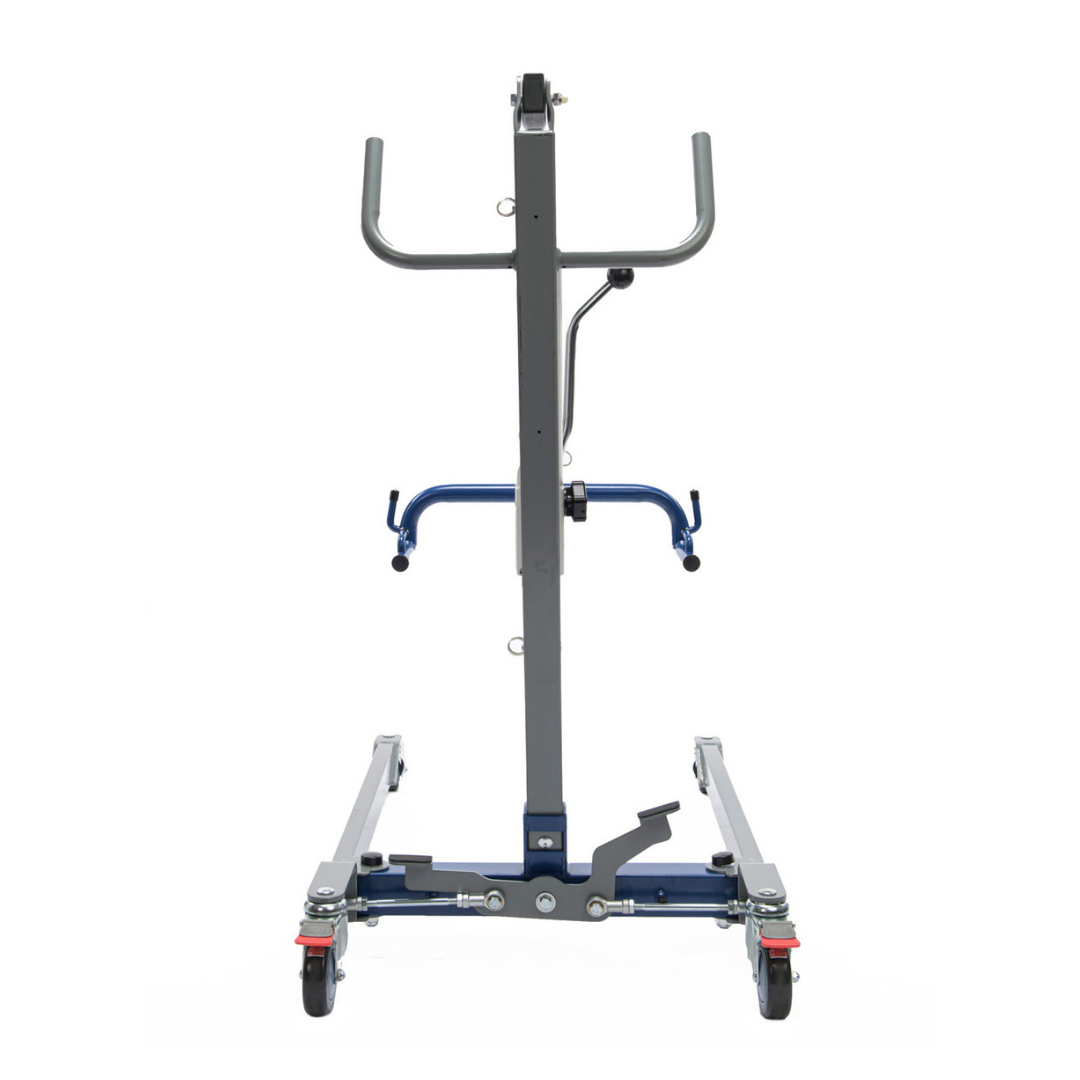 Front view of a Proactive Protekt® Transformer Hydraulic or Powered Patient Lift, featuring four wheels, an upright frame, side handles, and a central mounting plate—resembling a metal engine stand in structure.