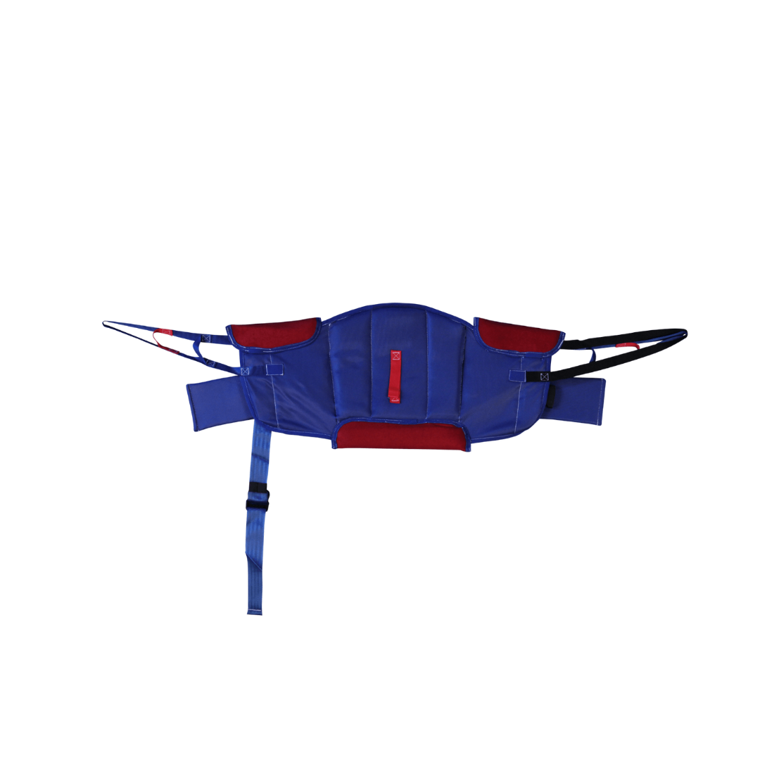 Proactive Slings For Patient Lifts - All Styles in blue and red, featuring black and red handles, an adjustable strap, and designed for patient handling or use with lift slings, is shown on a white background.