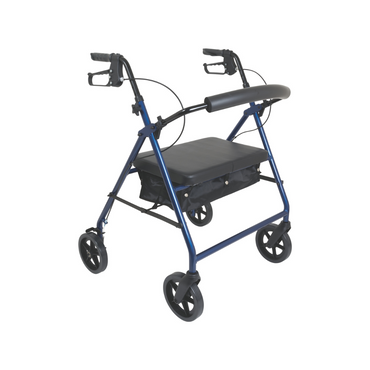 The ProBasics Deluxe Bariatric Aluminum Rollator with 8 wheels features a blue frame, black handlebars, padded seat, curved backrest, and storage pouch below, displayed against a white background.