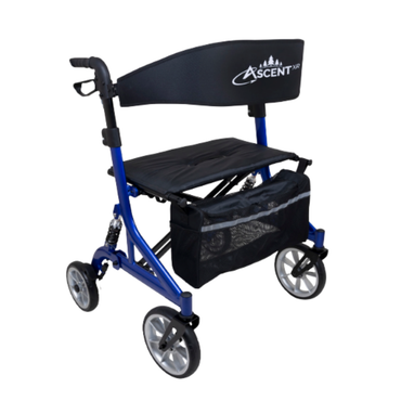The Probasics Ascent XR™ Euro-Style Bariatric Rollator with Suspension is a blue and black heavy-duty walker featuring ergonomic handlebars, a padded seat and backrest, hand brakes, and a mesh storage bag beneath the seat.