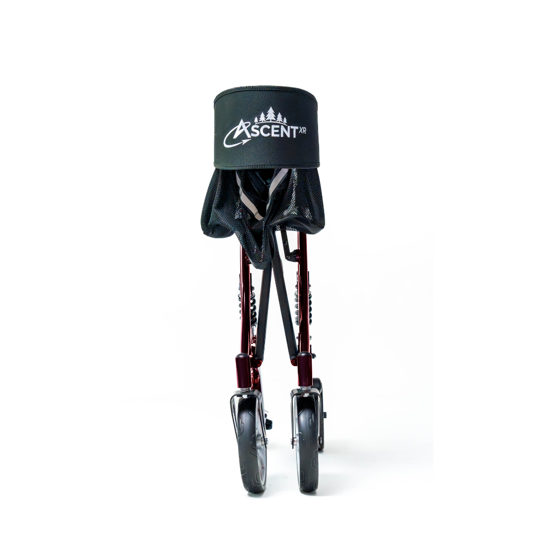 The Probasics Ascent XR™ Euro-Style Bariatric Rollator with Suspension features two front wheels, ergonomic handlebars, a black mesh seat, cushioned backrest with ASCENT logo (mountain & trees design), all shown on a plain white background.