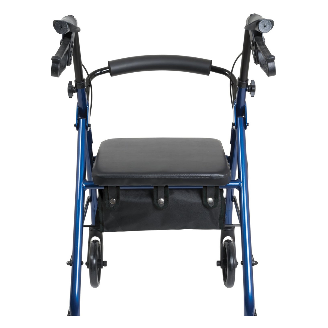 The ProBasics Junior Lightweight Aluminum Rollator is blue, features four wheels, hand brakes, a padded seat, and a storage pouch beneath the seat, shown from the front.