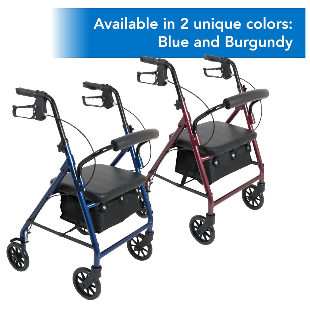 Two ProBasics Junior Lightweight Aluminum Rollators, in blue and burgundy, are shown side by side. A banner above reads: Available in 2 unique colors. Each lightweight rollator offers easy mobility and stylish design.