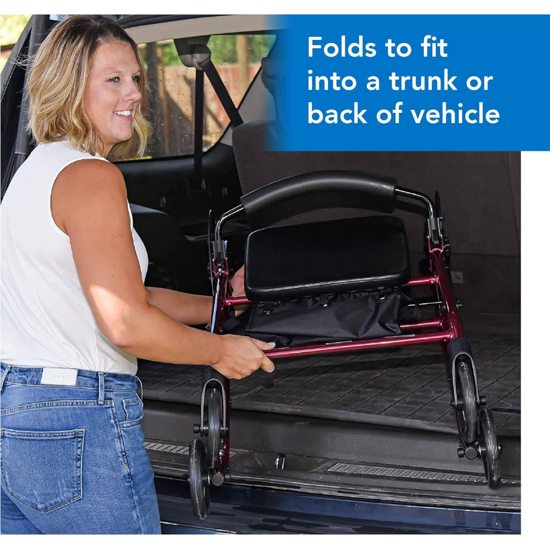 A woman places a folded ProBasics Junior Lightweight Aluminum Rollator into a car trunk. Text: Folds to fit into a trunk or back of vehicle.