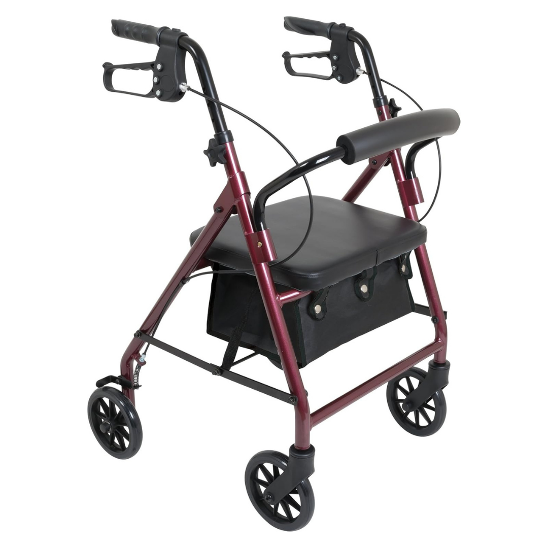 The ProBasics Junior Lightweight Aluminum Rollator is maroon, compact, with four black wheels, hand brakes, a padded seat, and an under-seat storage bag.