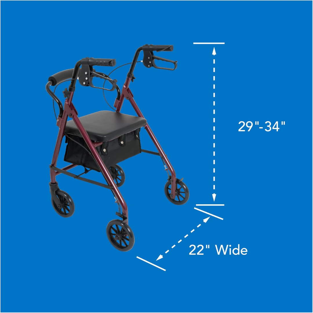 The ProBasics Junior Lightweight Aluminum Rollator, shown on a blue background with measurement arrows, features a maroon frame, padded seat, black storage pouch, and adjustable handles (29-34 high, 22 wide).