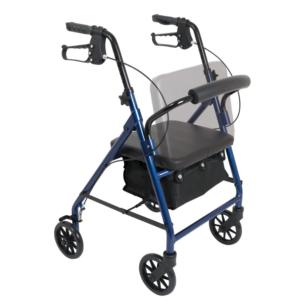 The ProBasics Junior Lightweight Aluminum Rollator features four wheels, hand brakes, a padded seat with backrest, and a storage pouch under the seat for comfort and convenience on the go.