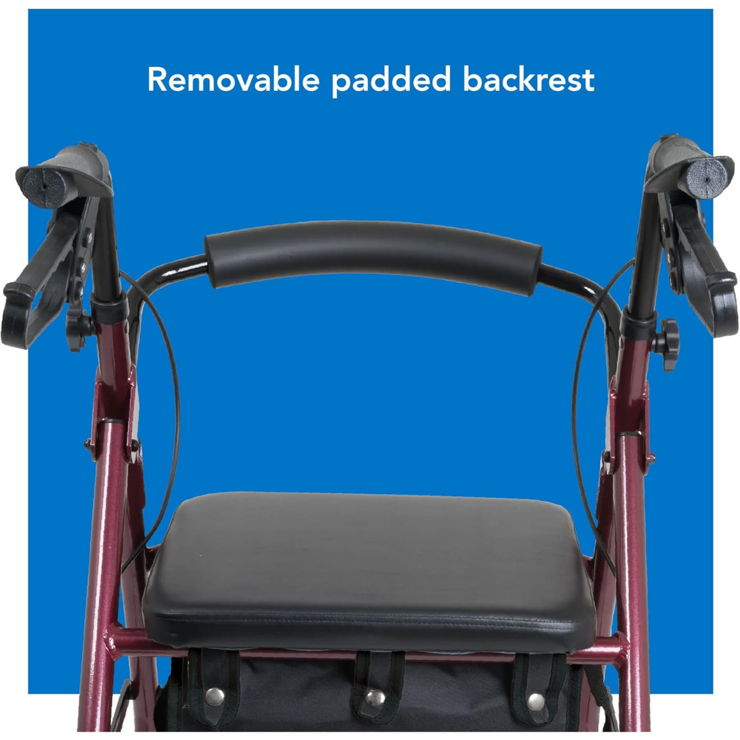 A close-up of the ProBasics Junior Lightweight Aluminum Rollator with removable padded backrest and seat, set against a blue background featuring the text Removable padded backrest above the walker.