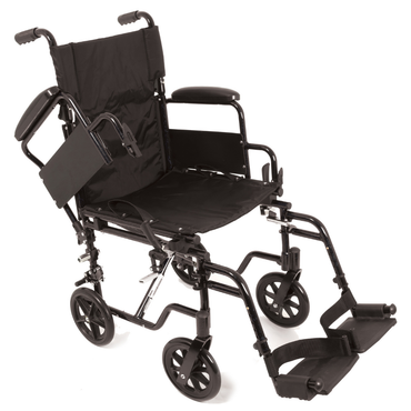The ProBasics K4 Transformer Hybrid Transport Wheelchair in black features foldable footrests, compact wheels, armrests, and push handles for easy mobility. Displayed on a white background.
