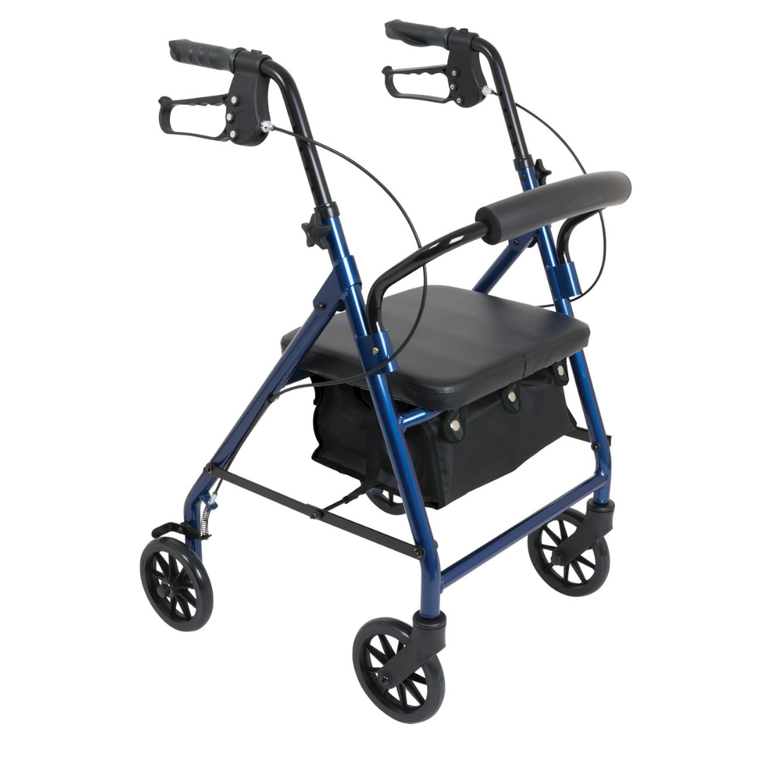 The ProBasics Junior Lightweight Aluminum Rollator is blue, has four wheels, a padded seat, black handlebars with brakes, and a storage pouch under the seat.