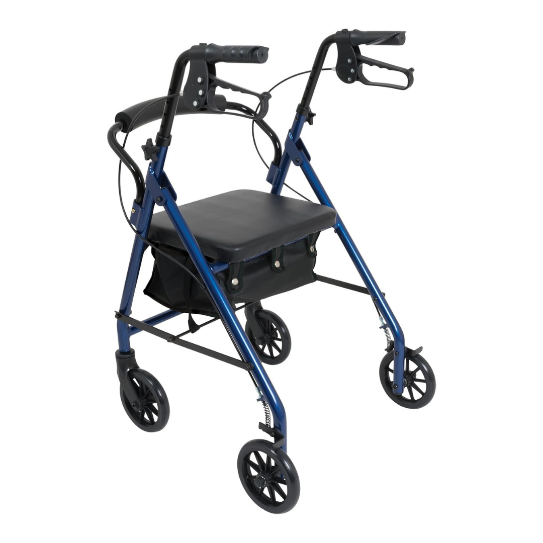 The ProBasics Junior Lightweight Aluminum Rollator in blue features four black wheels, hand brakes, a padded seat with a storage pouch underneath, and folds easily for transport—perfect for everyday use.