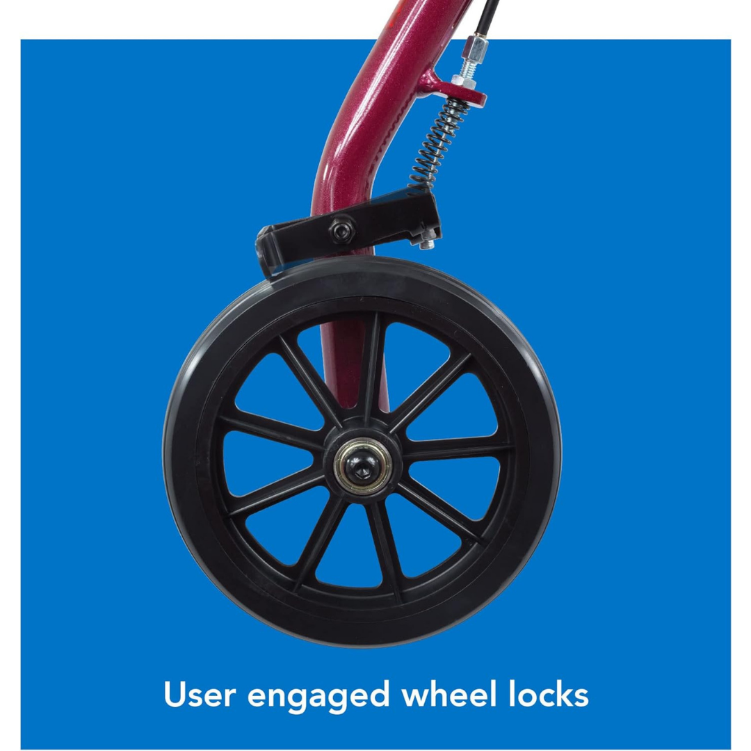 Close-up of a black wheel with lock engaged against a blue background. The text User engaged wheel locks highlights accessibility and safety, similar to the ProBasics Junior Lightweight Aluminum Rollator.