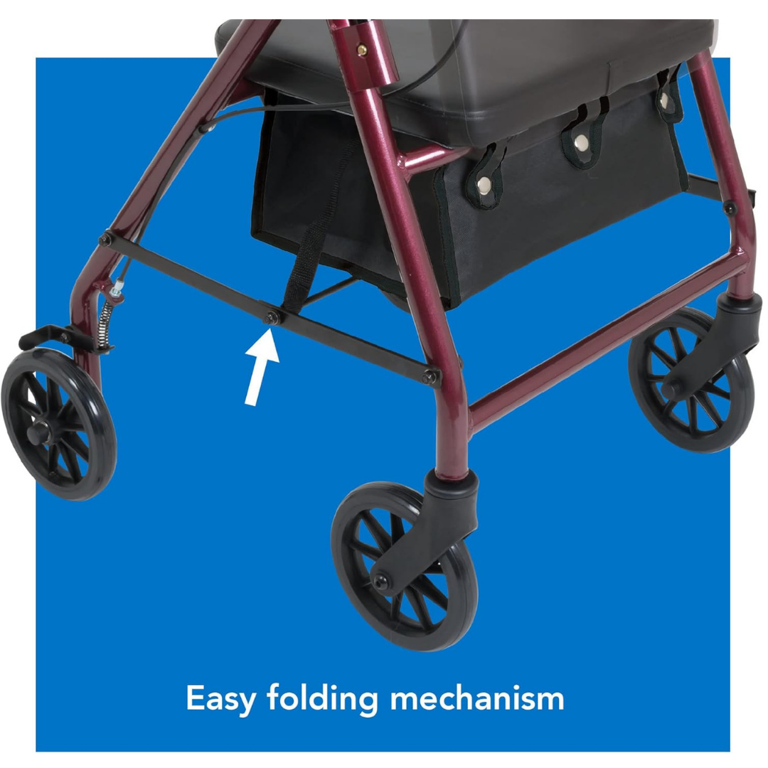 A close-up of the ProBasics Junior Lightweight Aluminum Rollator with four wheels highlights its easy folding mechanism, indicated by a white arrow pointing to the bar. The blue background features text: Easy folding mechanism.
