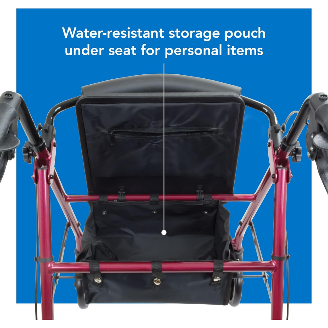 The ProBasics Junior Lightweight Aluminum Rollator in red features a black water-resistant storage pouch under the seat for personal items, displayed against a blue background with explanatory text.