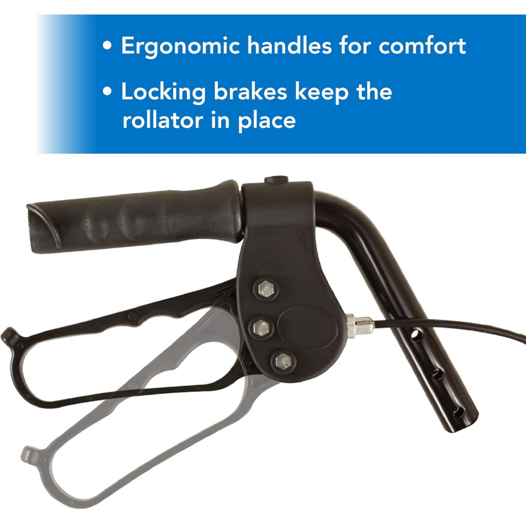 Close-up of the ProBasics Junior Lightweight Aluminum Rollators black ergonomic handle with brake lever. Blue text highlights comfortable handles and locking brakes for added safety and stability.