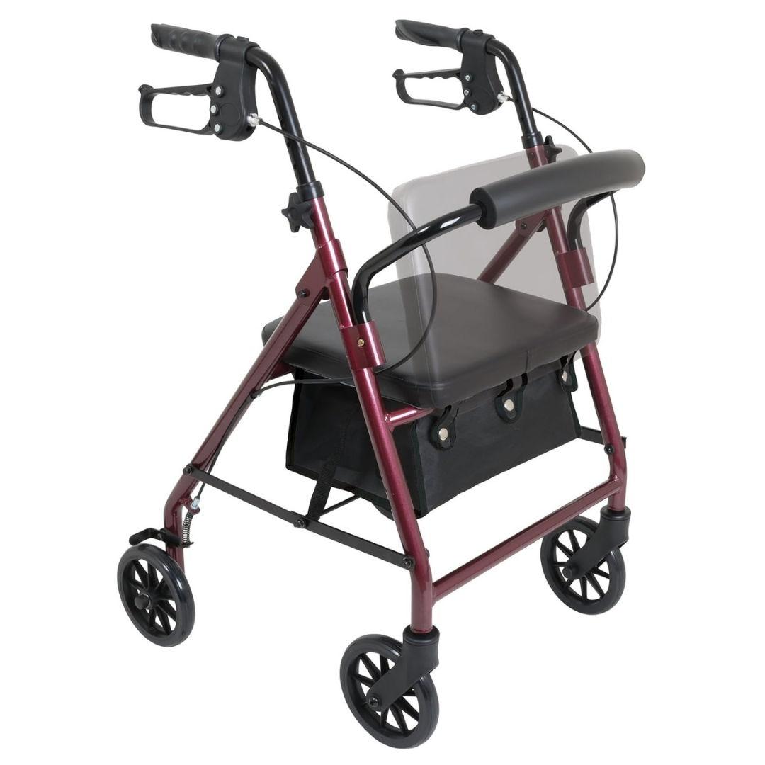The ProBasics Junior Lightweight Aluminum Rollator is maroon, compact, has four wheels, hand brakes, a padded seat and backrest, plus a black storage pouch underneath.