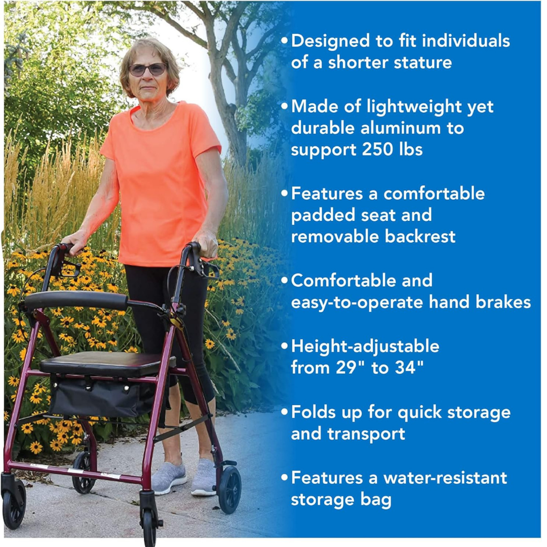 An older woman stands outdoors by flowers using the ProBasics Junior Lightweight Aluminum Rollator, featuring height adjustability, a padded seat, easy-squeeze hand brakes, and a water-resistant bag.