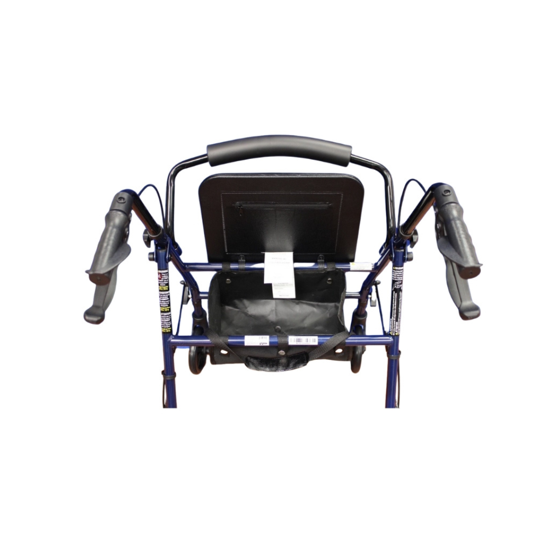 A front view of the ProBasics Lightweight Steel Portable KD Rollator in blue features ergonomic hand brakes, a padded seat, and a storage pouch beneath. The rollator is photographed against a plain white background.