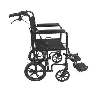 The ProBasics Aluminum Transport Chair with 12-Inch Wheels, shown from the side against a white background, features a lightweight black frame, companion-activated hand brakes, footrests, padded armrests, and a seatbelt.