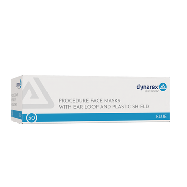 A white and blue box labeled Dynarex Procedure Face Mask w/ Ear Loop and Plastic Shield, contains 50 blue ear loop masks each with a protective plastic shield for added safety.