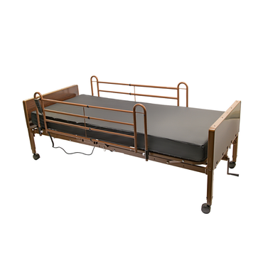 The Proactive Protekt Akra-FE™ Bariatric Semi-Electric Bed, featuring metal side rails, a gray mattress, and a heavy-duty steel frame with wheels, is displayed against a white background.