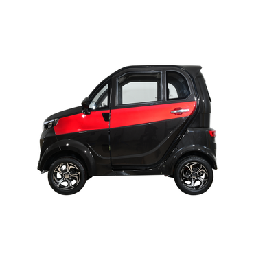 The Green Transporter Q Express Fully Enclosed Scooter, a compact two-door electric vehicle with a black body and red stripe, is shown in side profile against a white background.